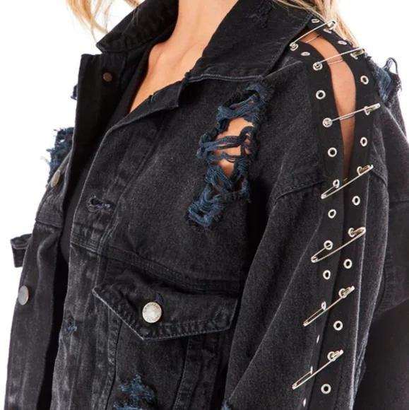 Carmar Audrey Safety Pin Sleeve Shredded Black Denim Jacket - Picture 4 of 10